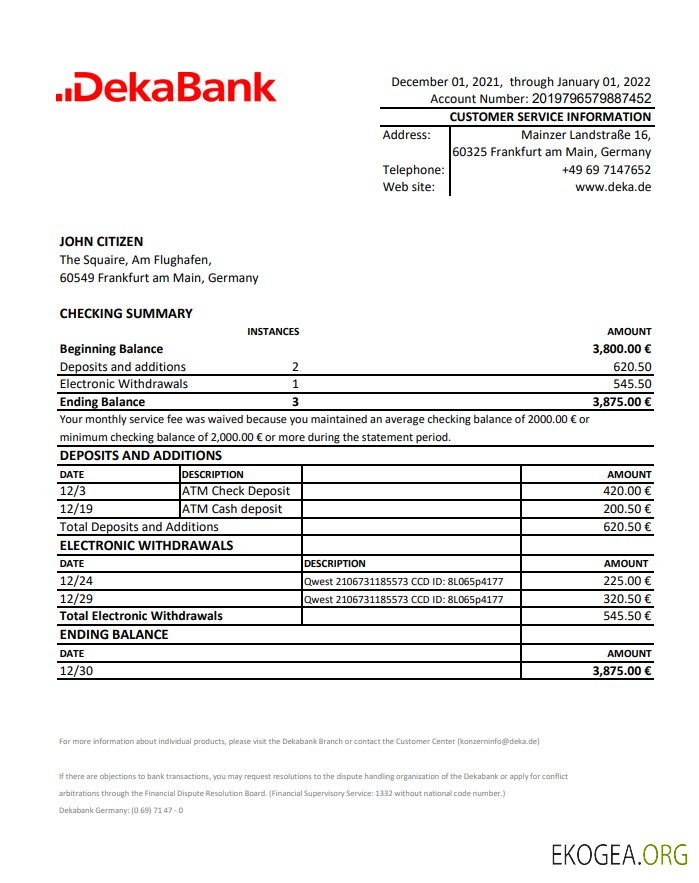 Relevé bancaire de Dekabank en Allemagne
